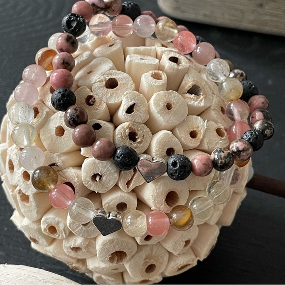 Pink and Black Natural Stone Beaded Bracelet Pink Tourmaline Lava Rhodonite - Picture 1 of 10